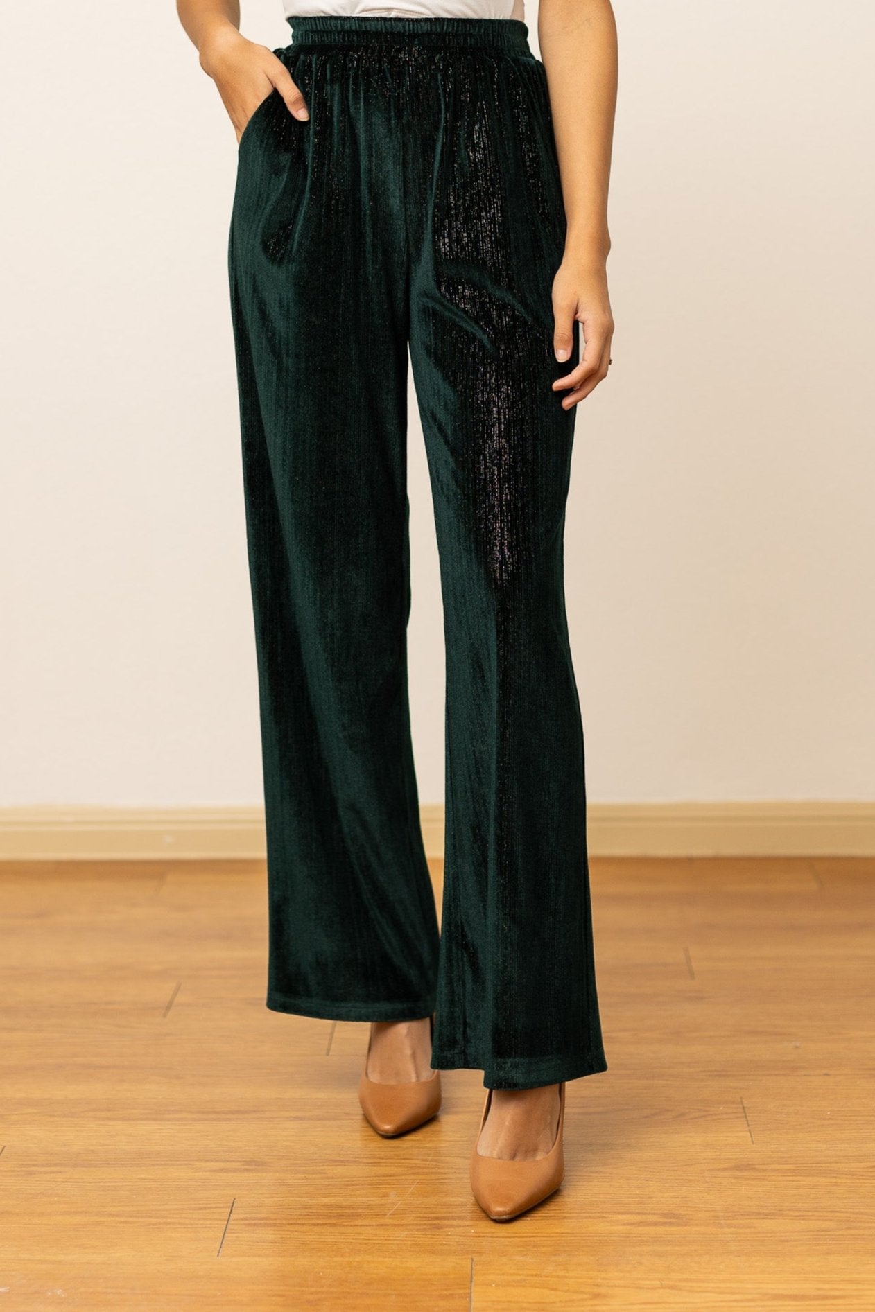 Velvet Straight-Leg Pants, Green