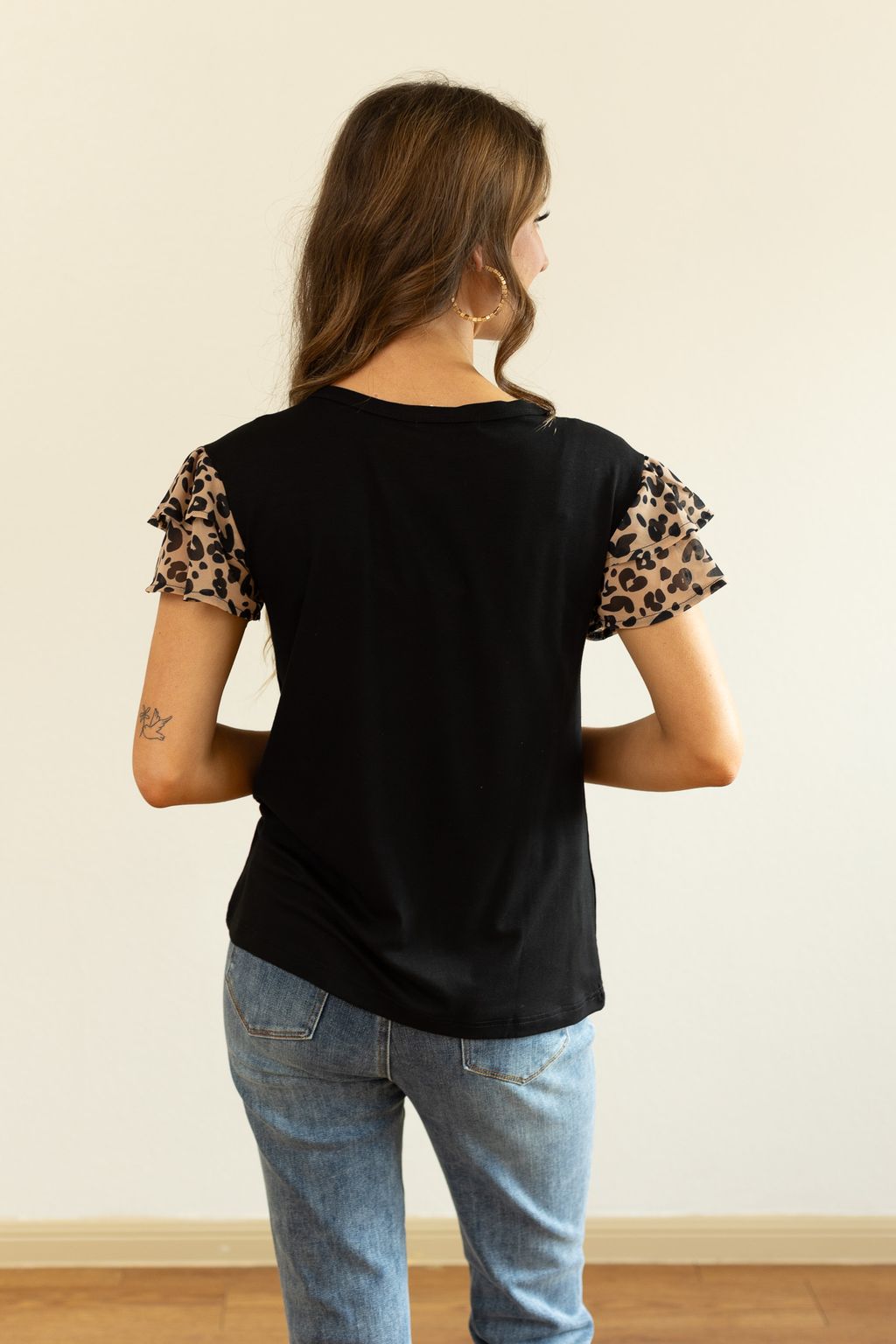 Black Top with Leopard Flutter Sleeves