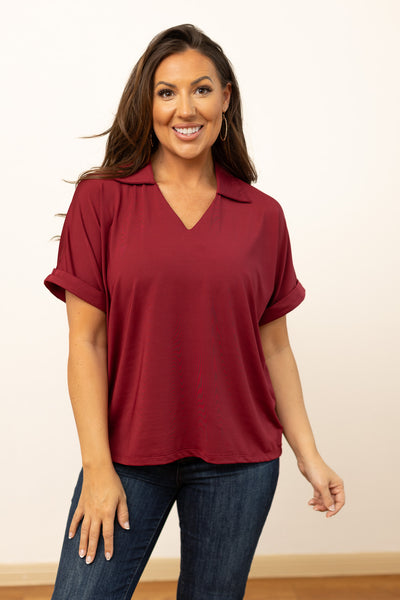 Cara Collared Top, Maroon