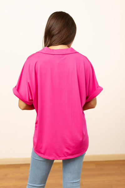 Cara Collared Top, Neon Pink