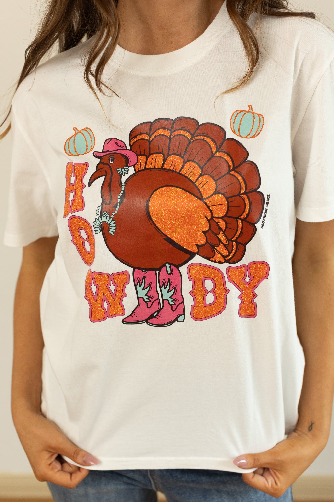 Howdy Turkey on White Blank Tee Shirt