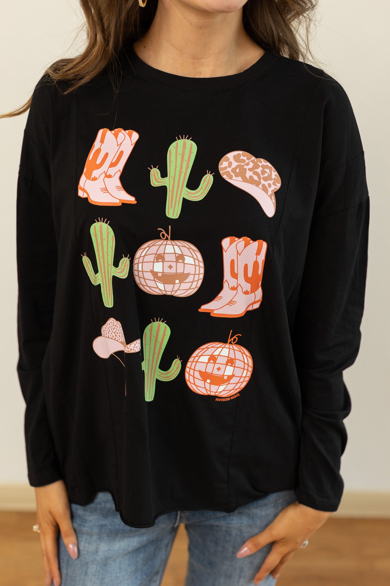 Disco Cowboy Pumpkins Black Long-sleeved T-shirts With Side Stitching