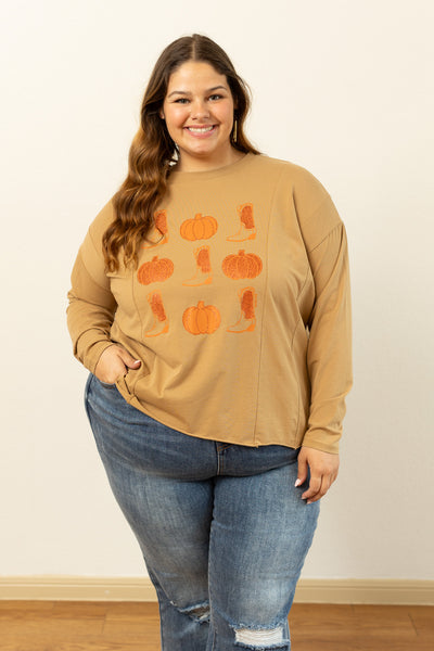 Boots and Pumpkins on Tan Long-sleeved T-shirts With Side Stitching