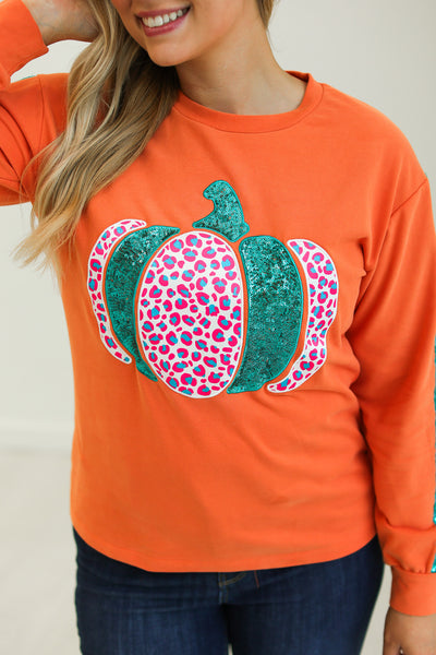 Orange Pumpkin Sequin Sleeve Sweatshirt