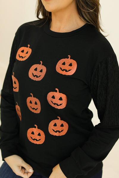 Sequin Pumpkins on Black Sweatshirt