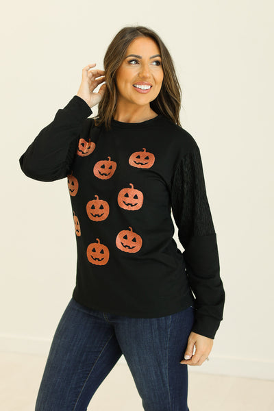 Sequin Pumpkins on Black Sweatshirt