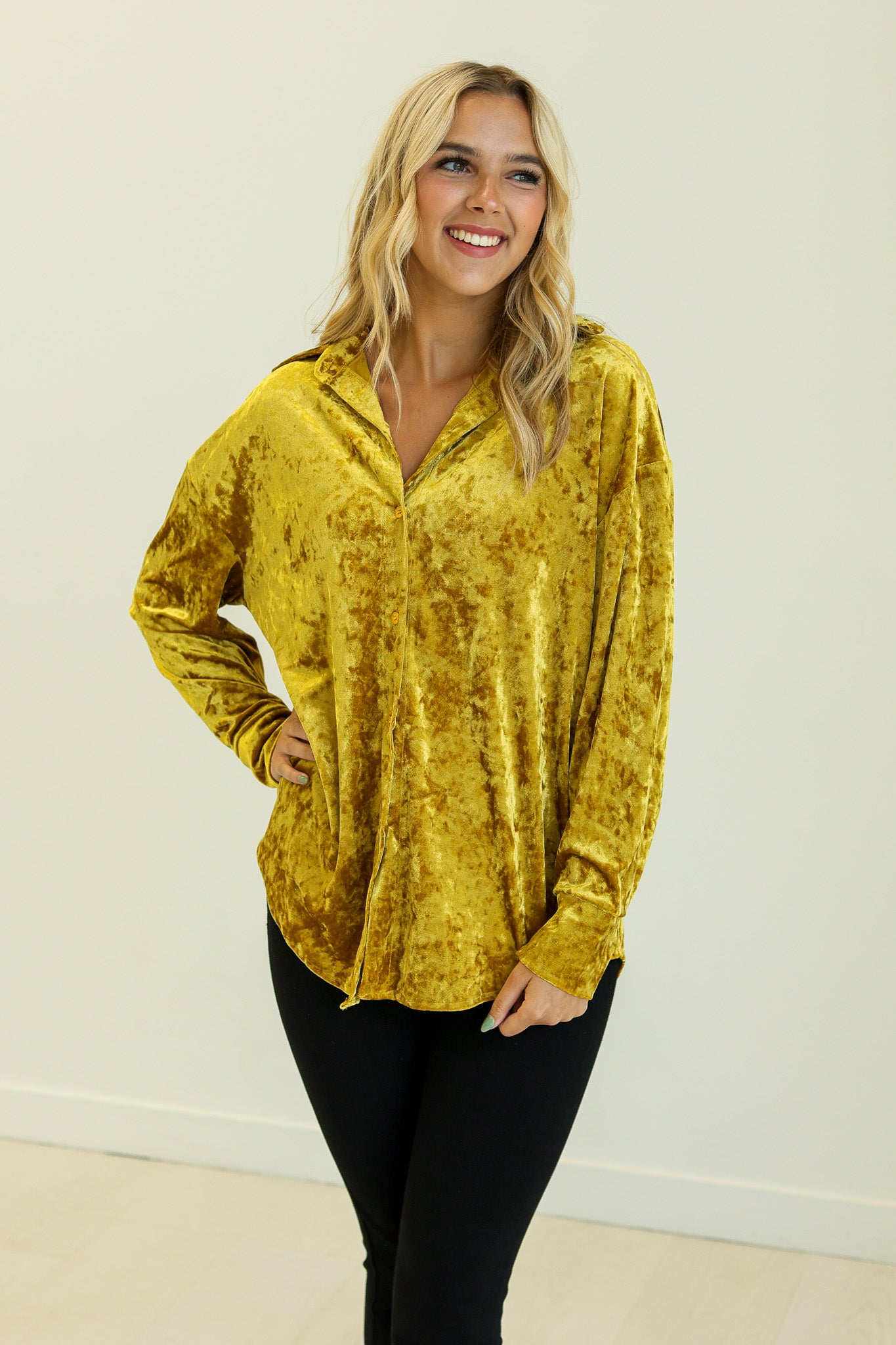 Kathryn Classic Button-Up, Mustard Velvet