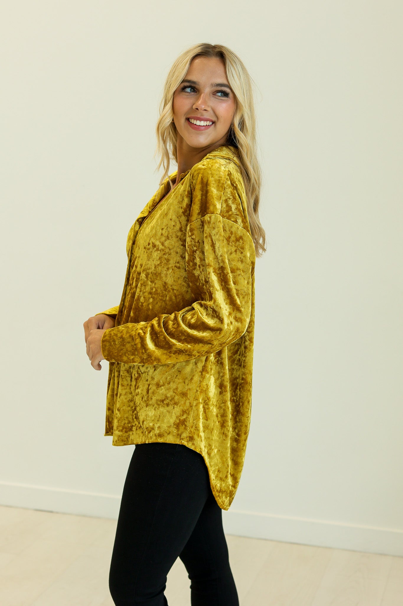 Kathryn Classic Button-Up, Mustard Velvet