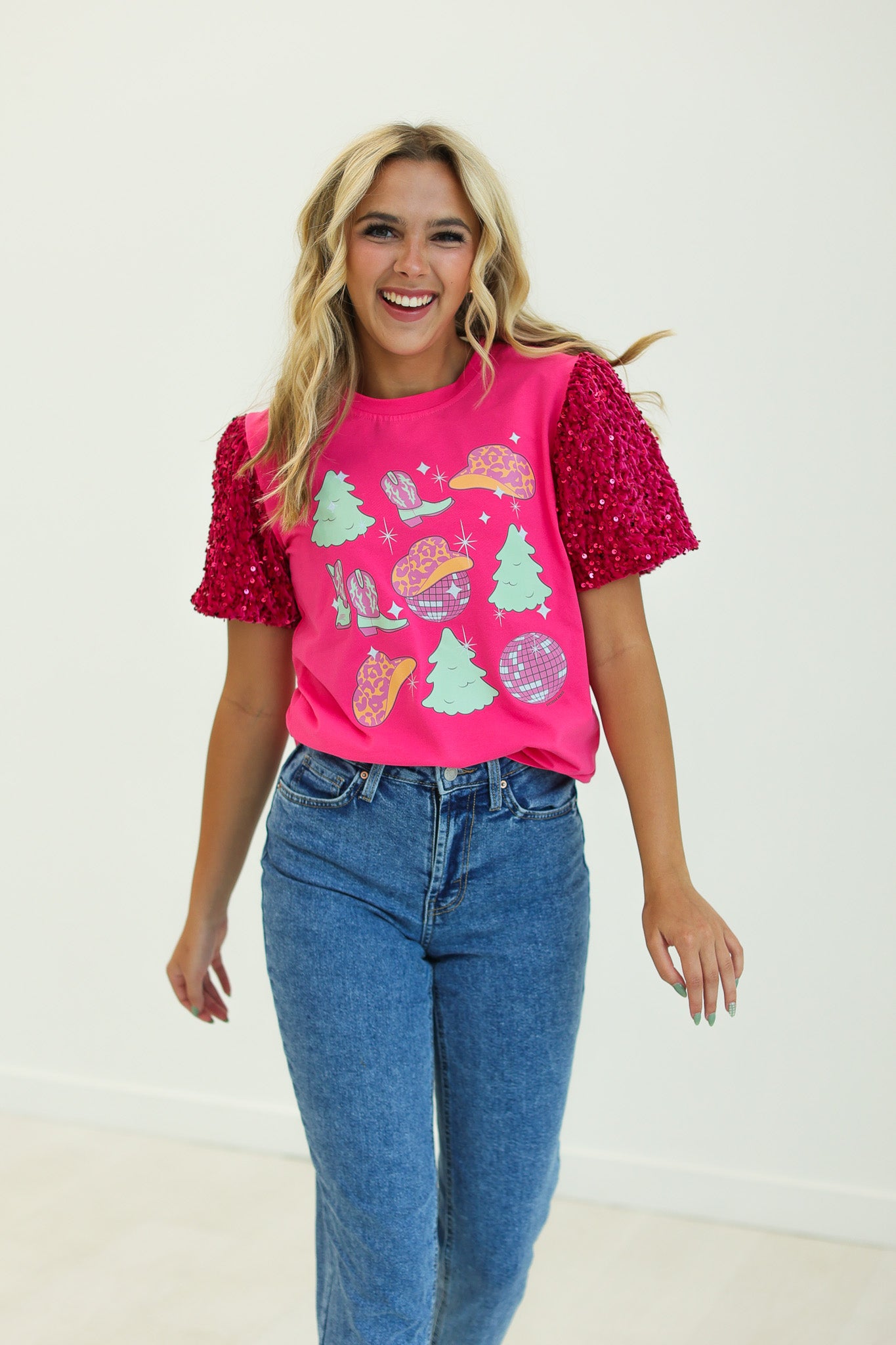 Western Christmas on Hot Pink T-Shirt with Velvet Sequin Sleeves