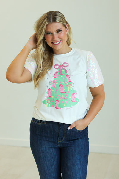 Christmas Tree on White T-Shirt with Velvet Sequin Sleeves