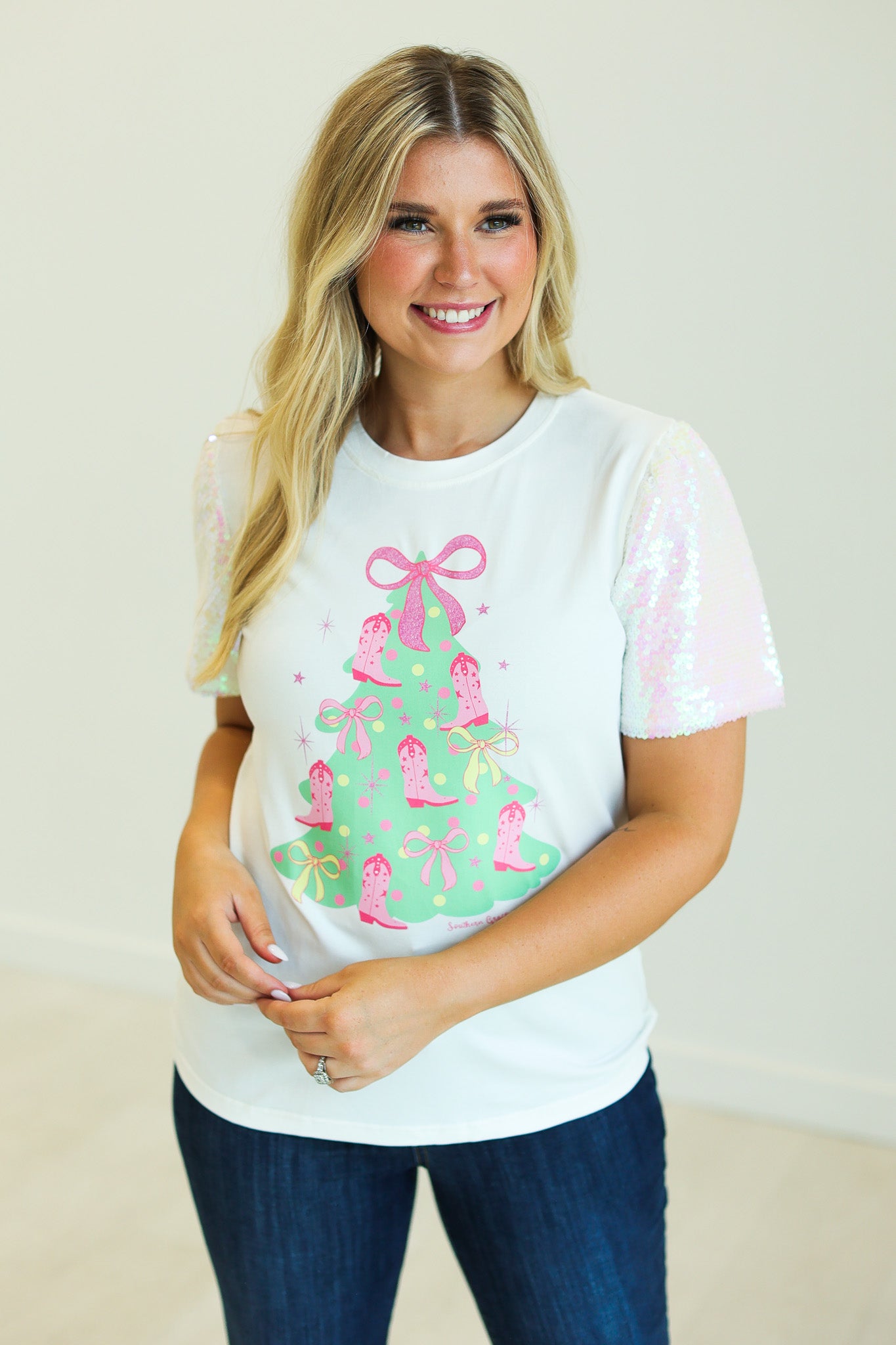 Christmas Tree on White T-Shirt with Velvet Sequin Sleeves