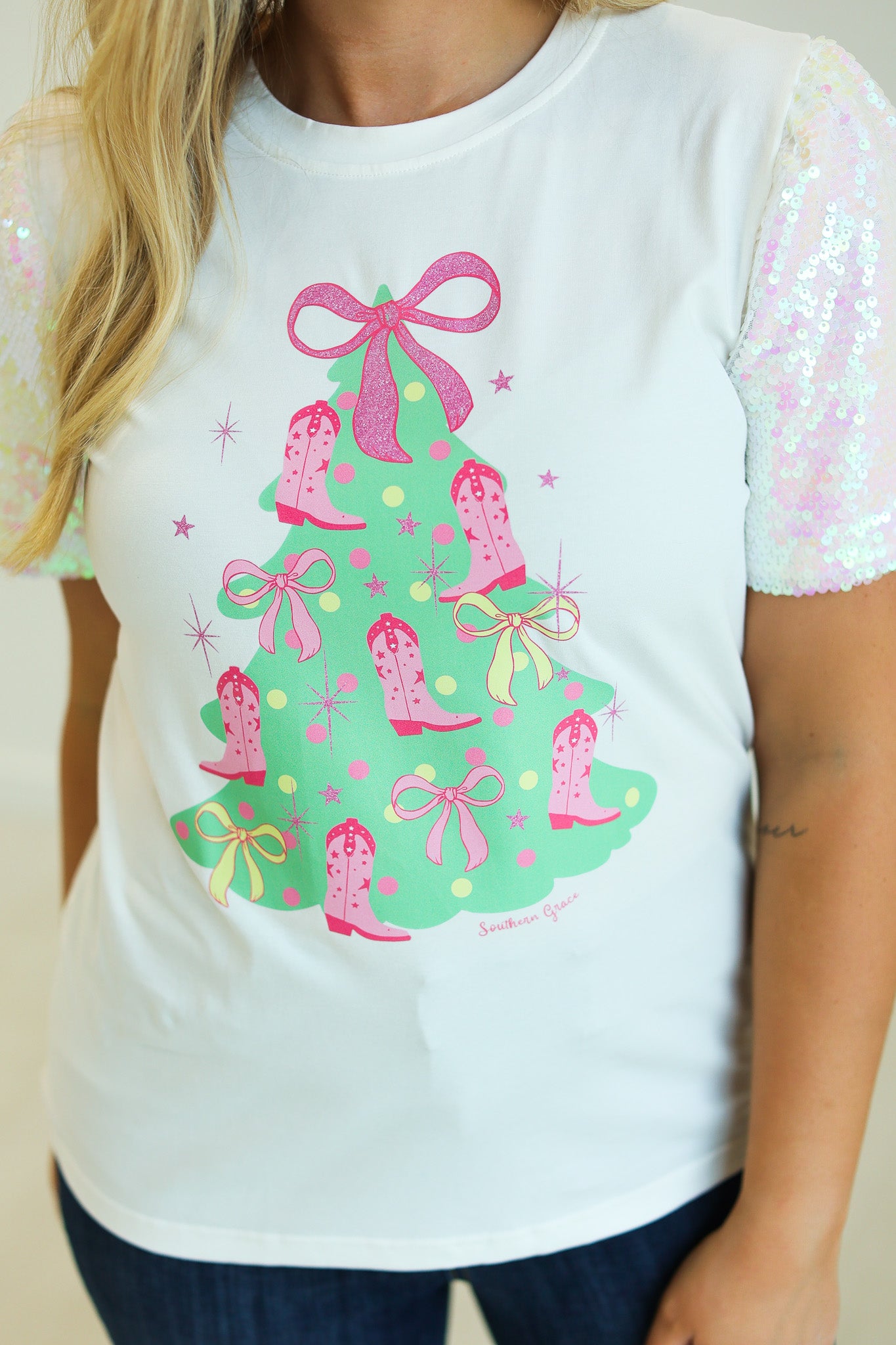 Christmas Tree on White T-Shirt with Velvet Sequin Sleeves