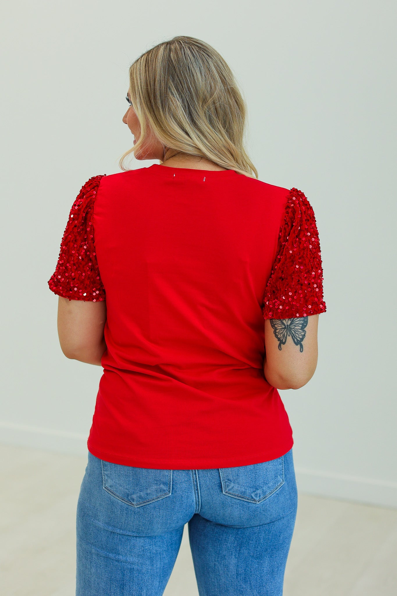 Festive Forest on Red T-Shirt with Sequin Velvet Sleeves