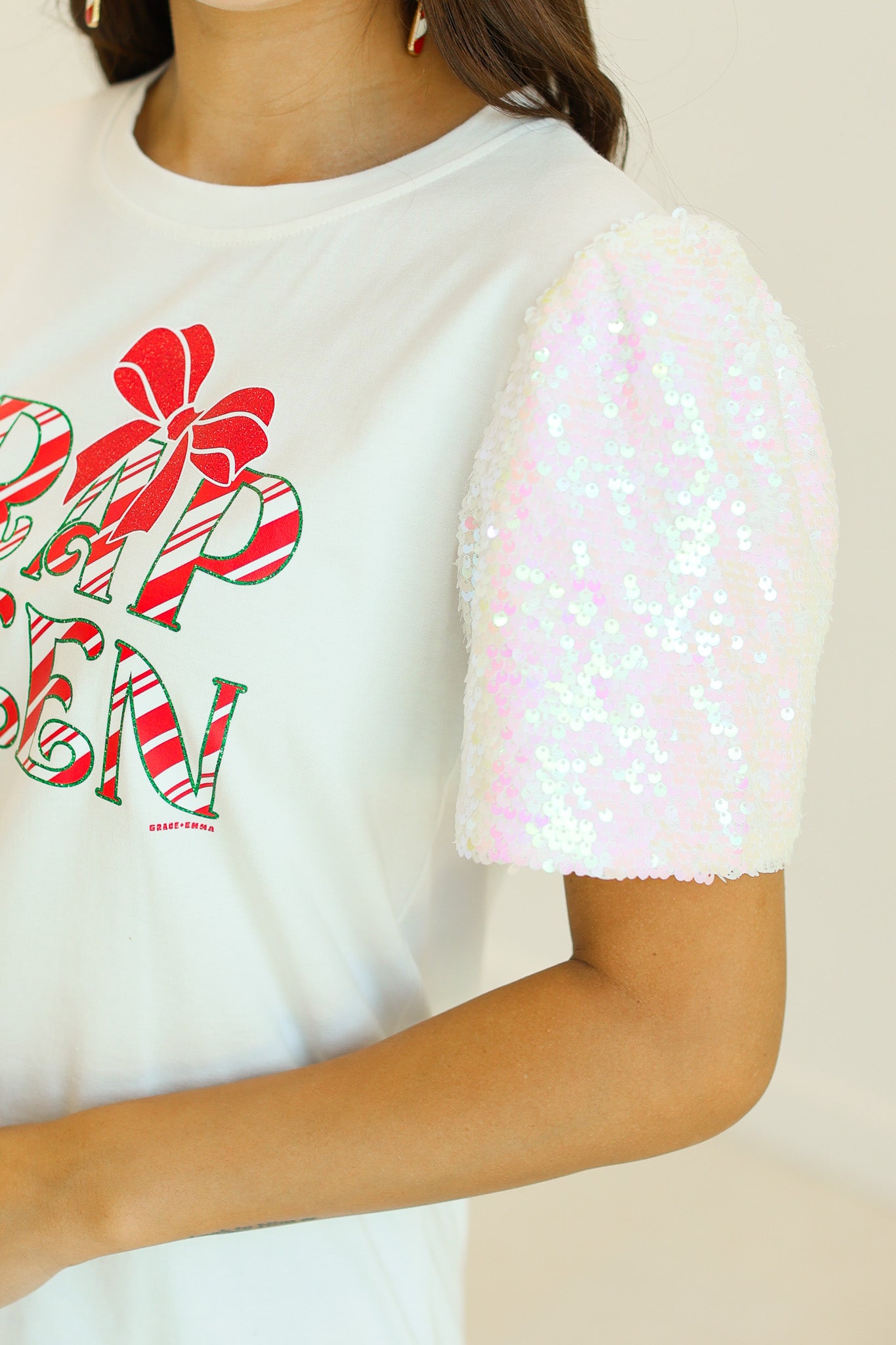 Wrap Queen on White T-Shirt with White Sequin Sleeves