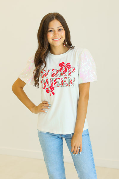 Wrap Queen on White T-Shirt with White Sequin Sleeves