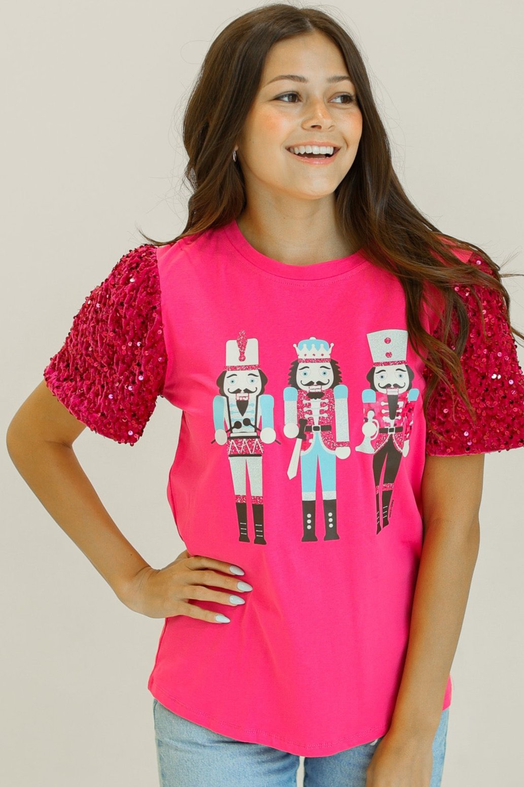 Nutcracker Graphic on Pink T-Shirt with Velvet Sequin Sleeves