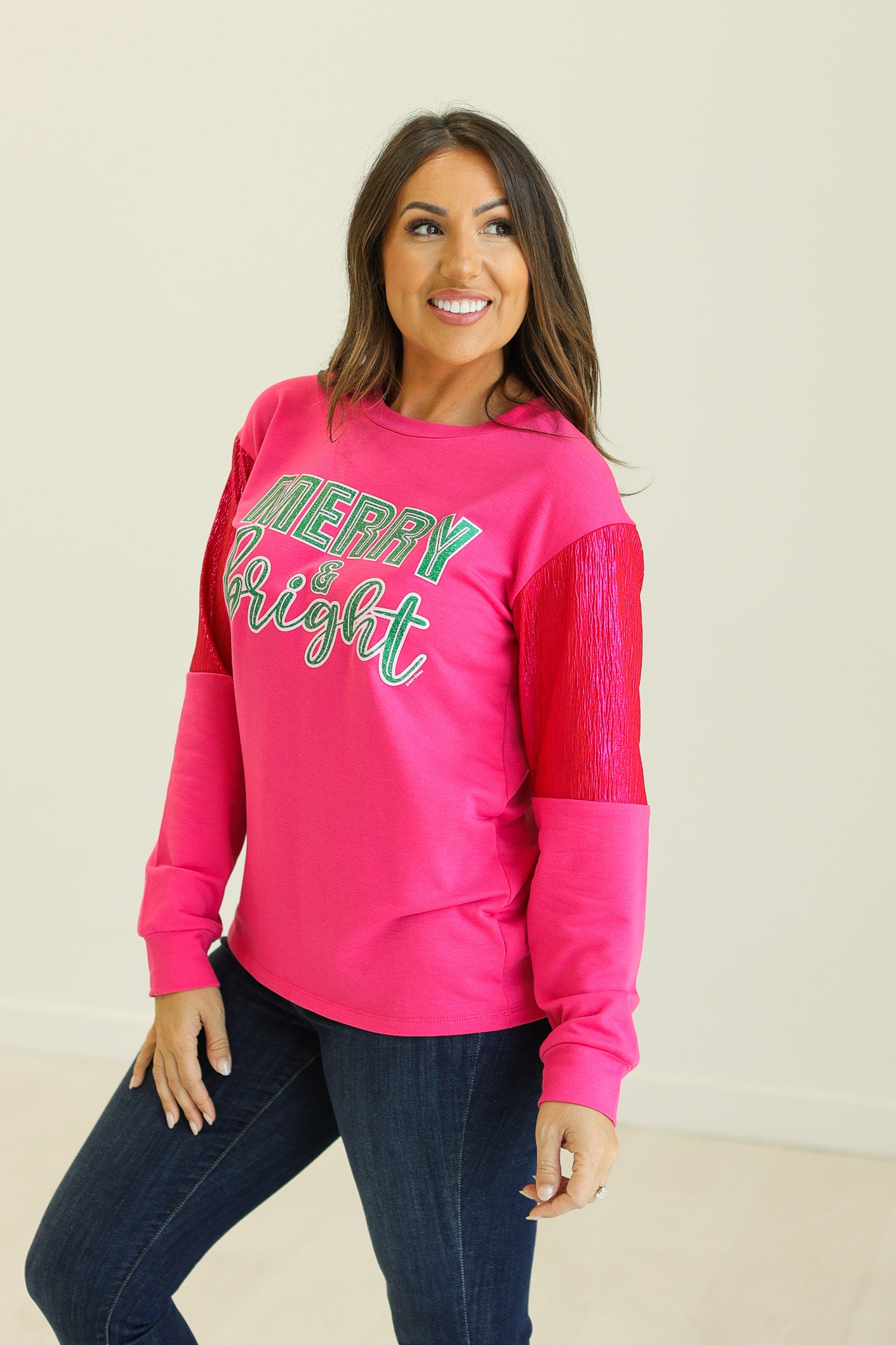 Merry & Bright on Hot Pink Sweatshirt