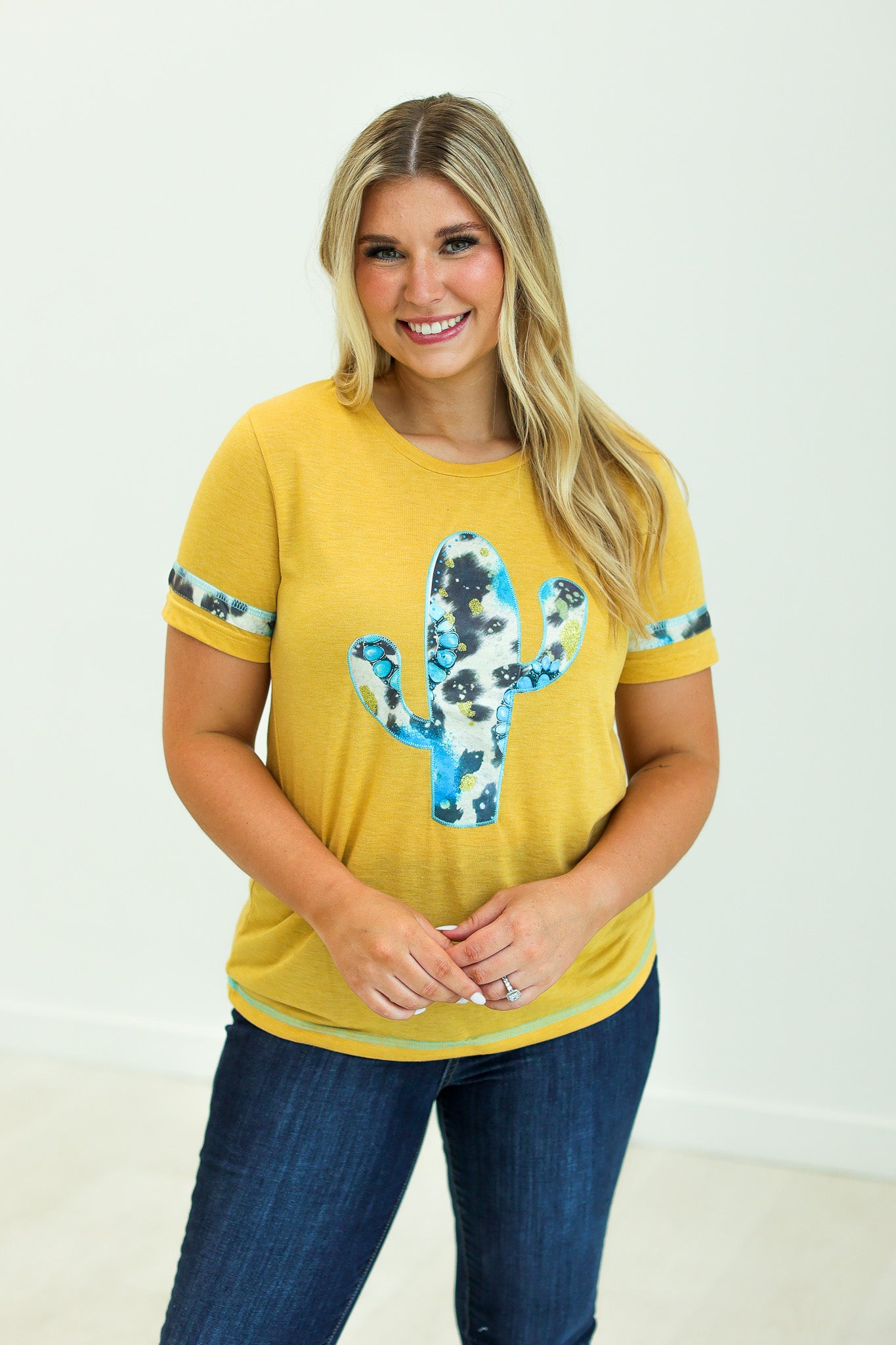 Cactus and Turquoise on Mustard Tee with Cowprint