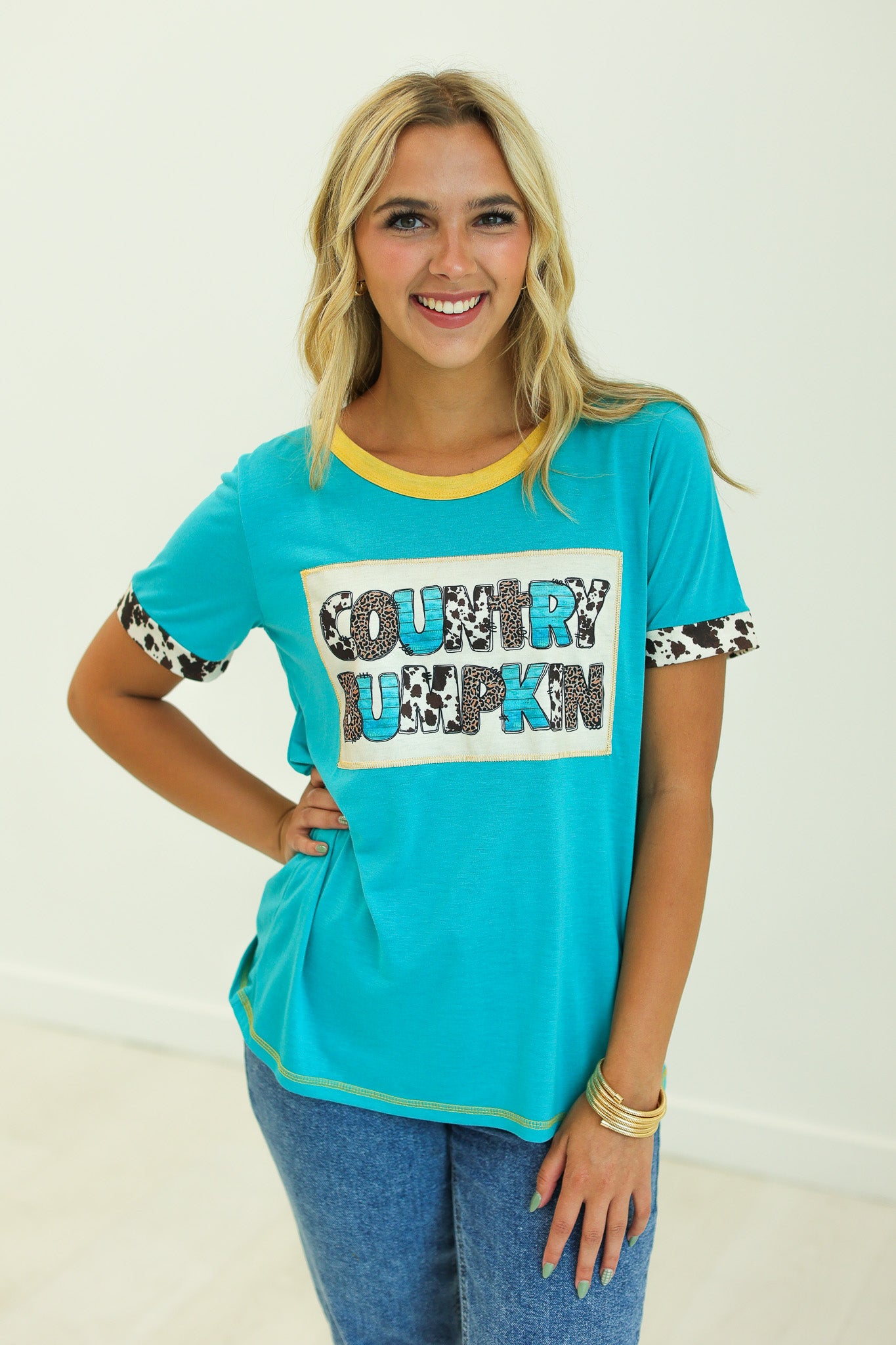 Country Bumpkin Patch Turquoise Ringer Tee