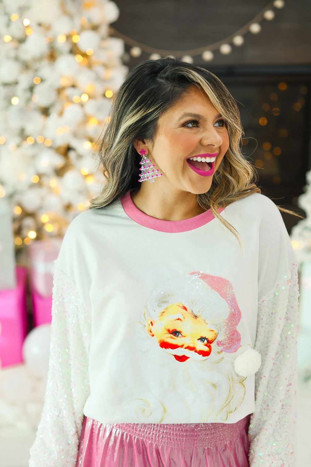 Santa Clause White Sweatshirt with Sequin Sleeves