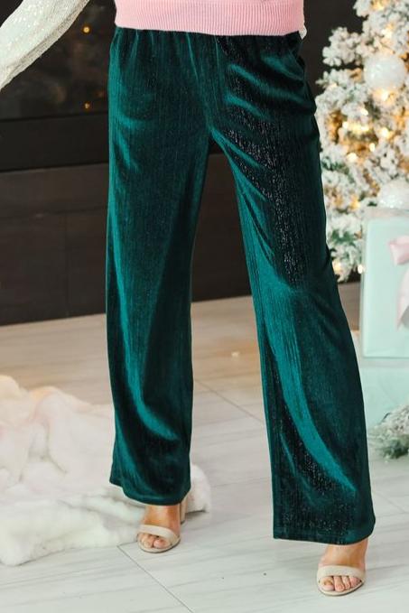 Velvet Straight-Leg Pants, Green