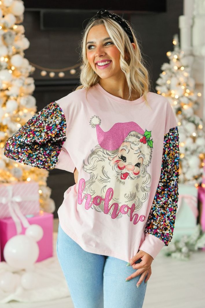 Santa on Pink Sweatshirt with Sequin Sleeves