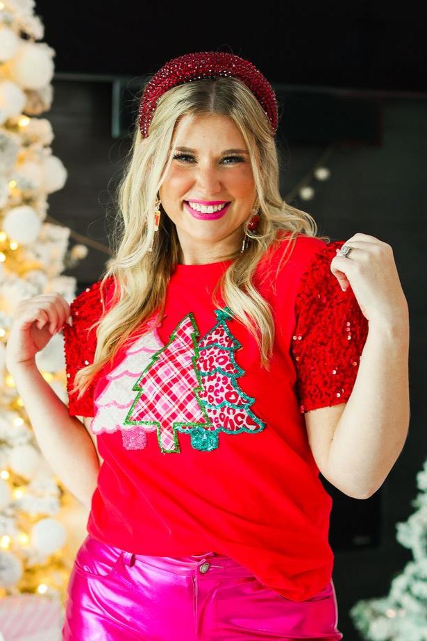 Festive Forest on Red T-Shirt with Sequin Velvet Sleeves