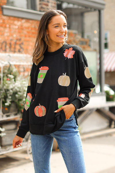 Glitter Fall Elements on Black Sweatshirt