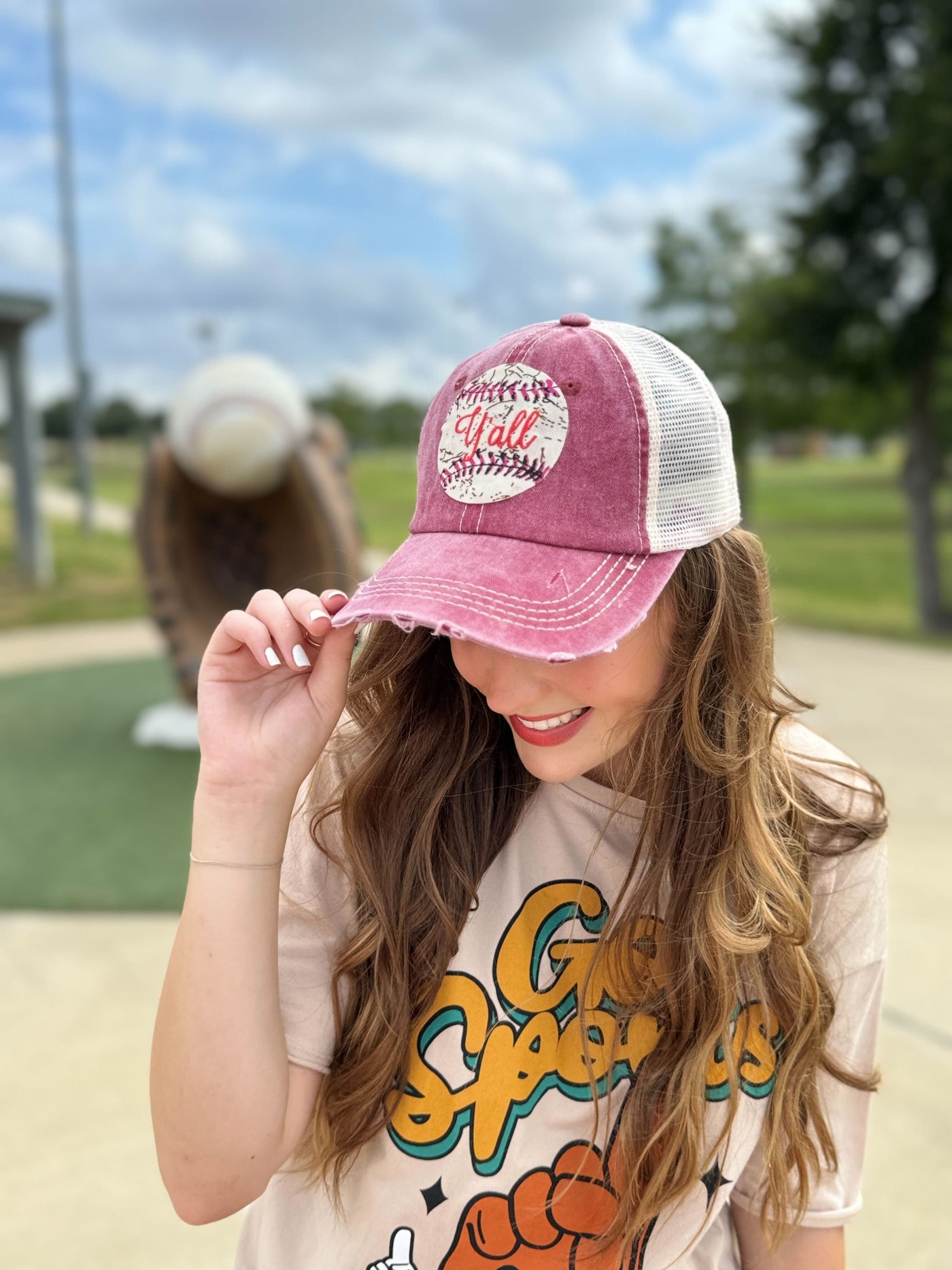 Vintage Baseball Y'all on Maroon Hat with Beige Stitching