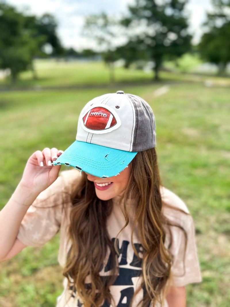 Watercolor Football Parch on Turquoise Grey and Beige Hat