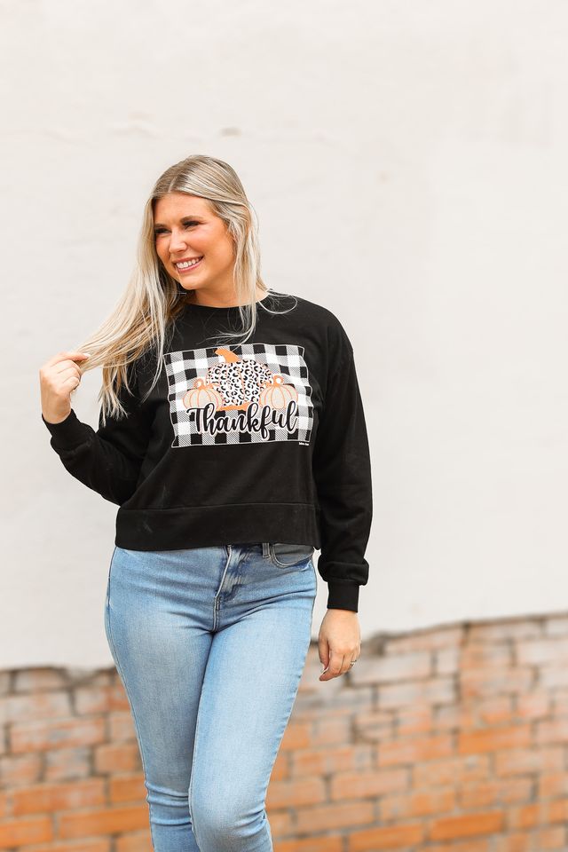 Gingham Thankful on Black Crop Sweatshirt