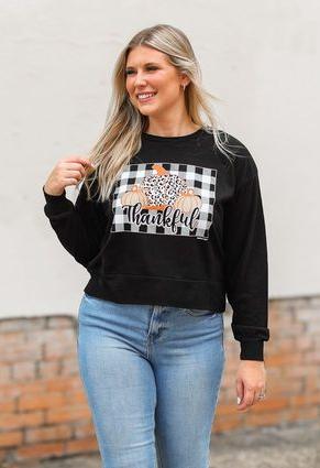 Gingham Thankful on Black Crop Sweatshirt