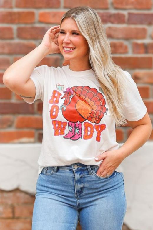 Howdy Turkey on White Blank Tee Shirt