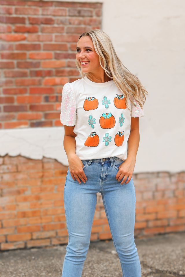 Western Pumpkins on White Top With Sequins Puff Sleeve