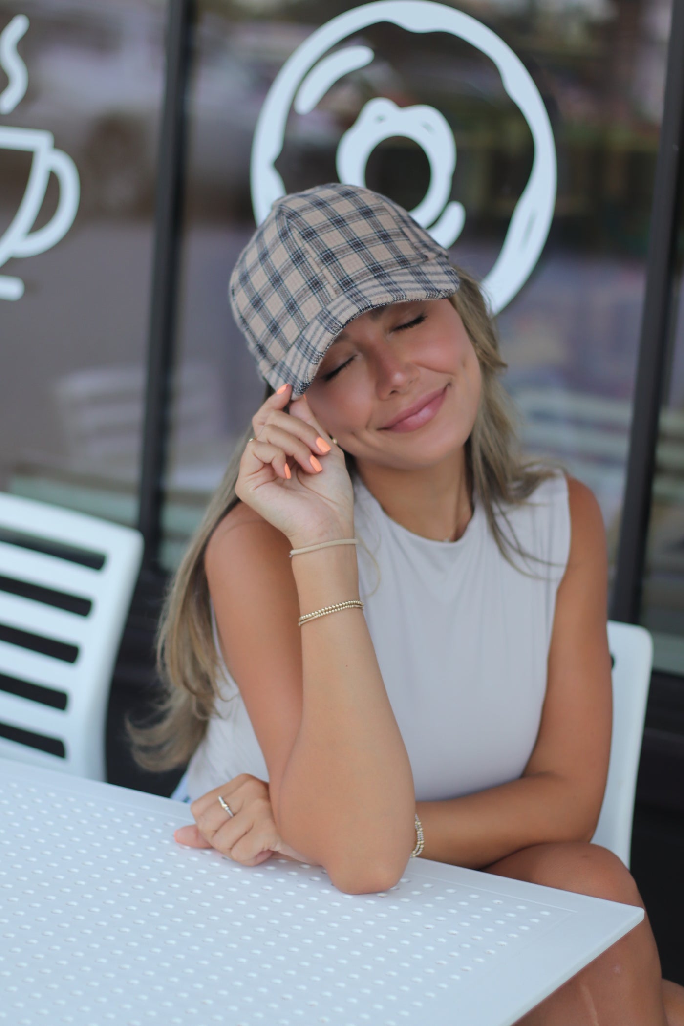 Beige & Black Plaid Hat