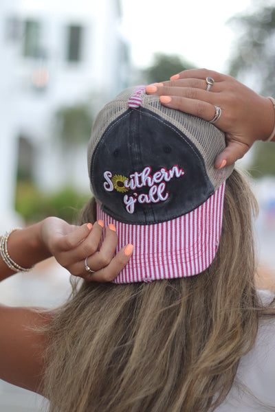 Country Y'all Embroidered Patch on High Ponytail Charcoal Hat with Striped Bill