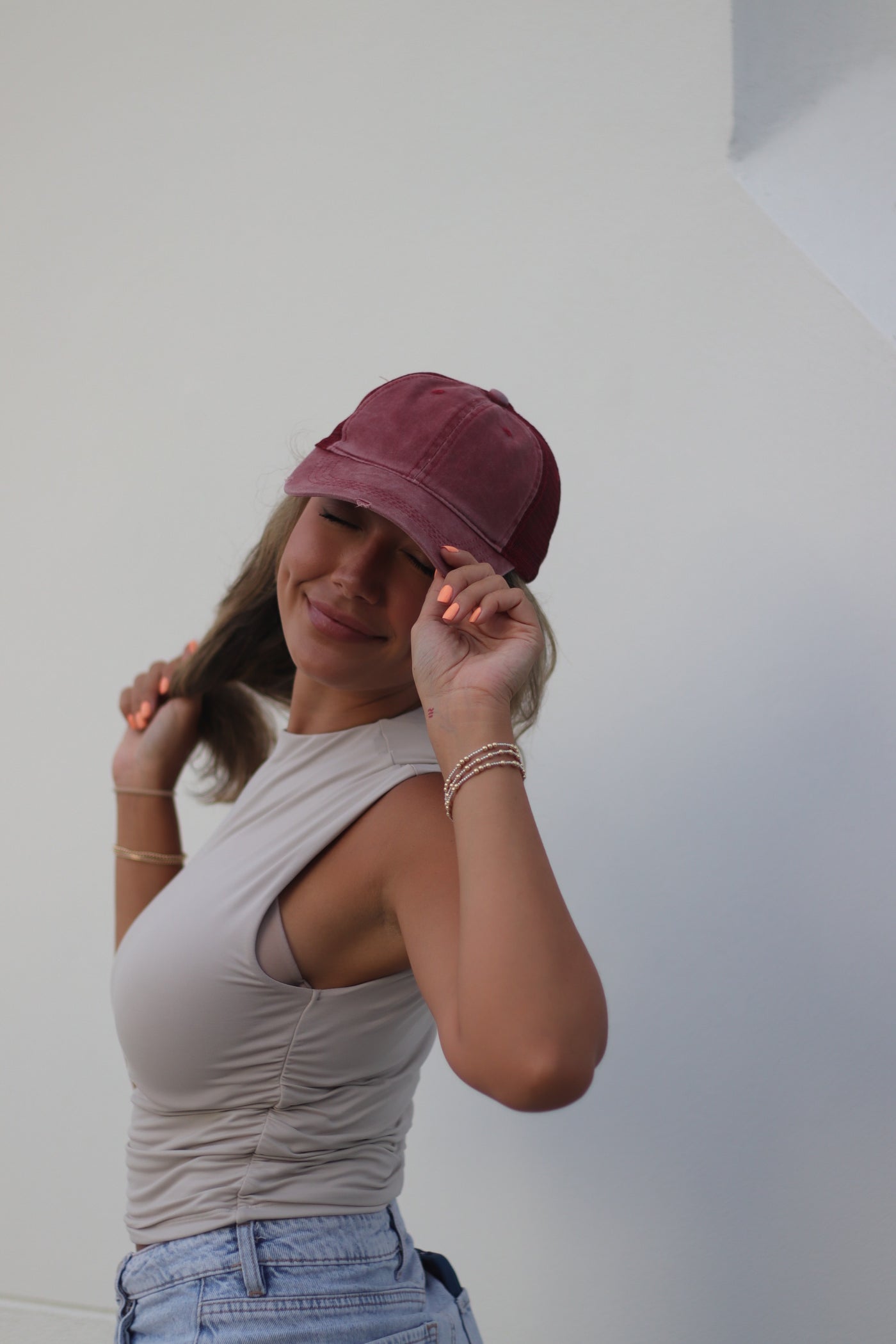 High Ponytail Dark Red Hat with Dark Red Mesh