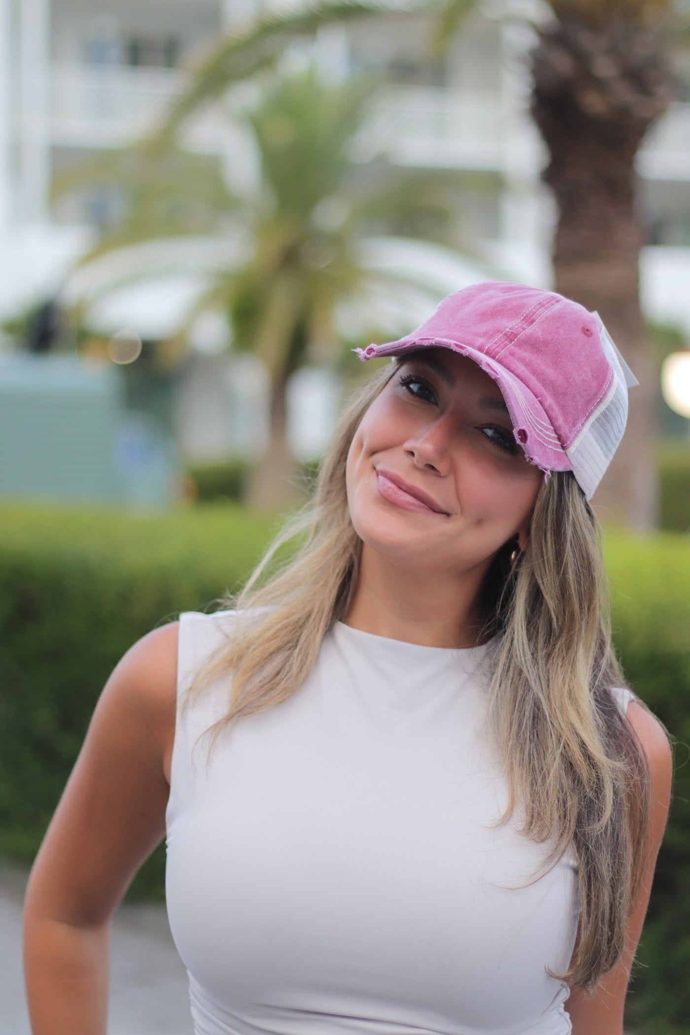 Vintage Maroon Distressed Hat with Beige Mesh