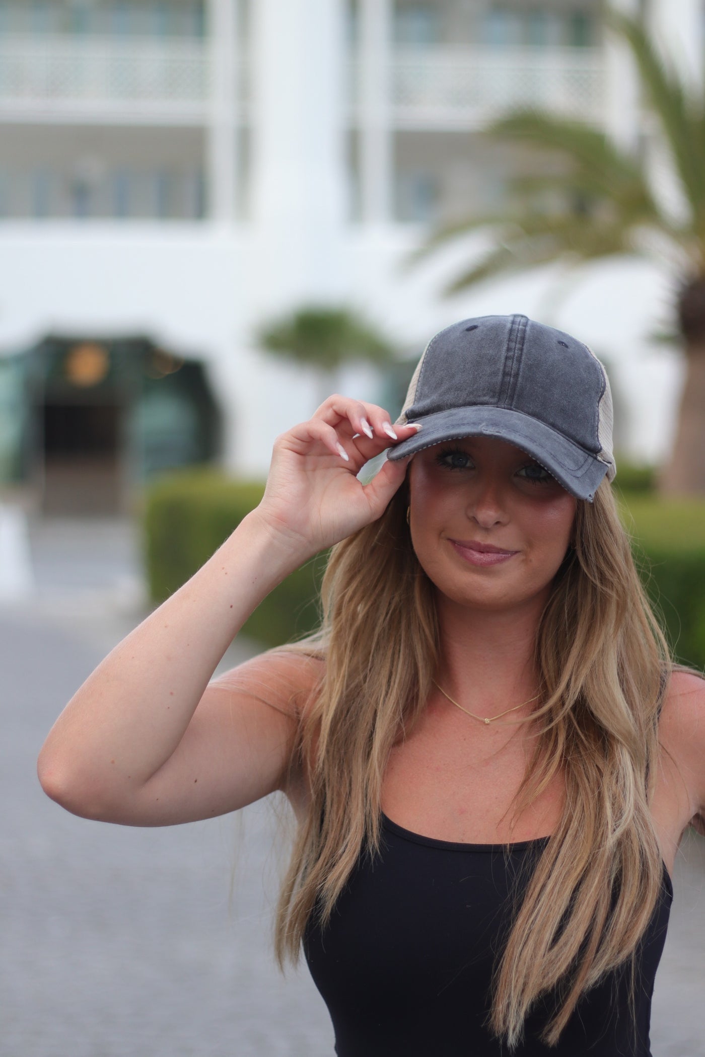 High Ponytail Charcoal Hat with Beige Mesh