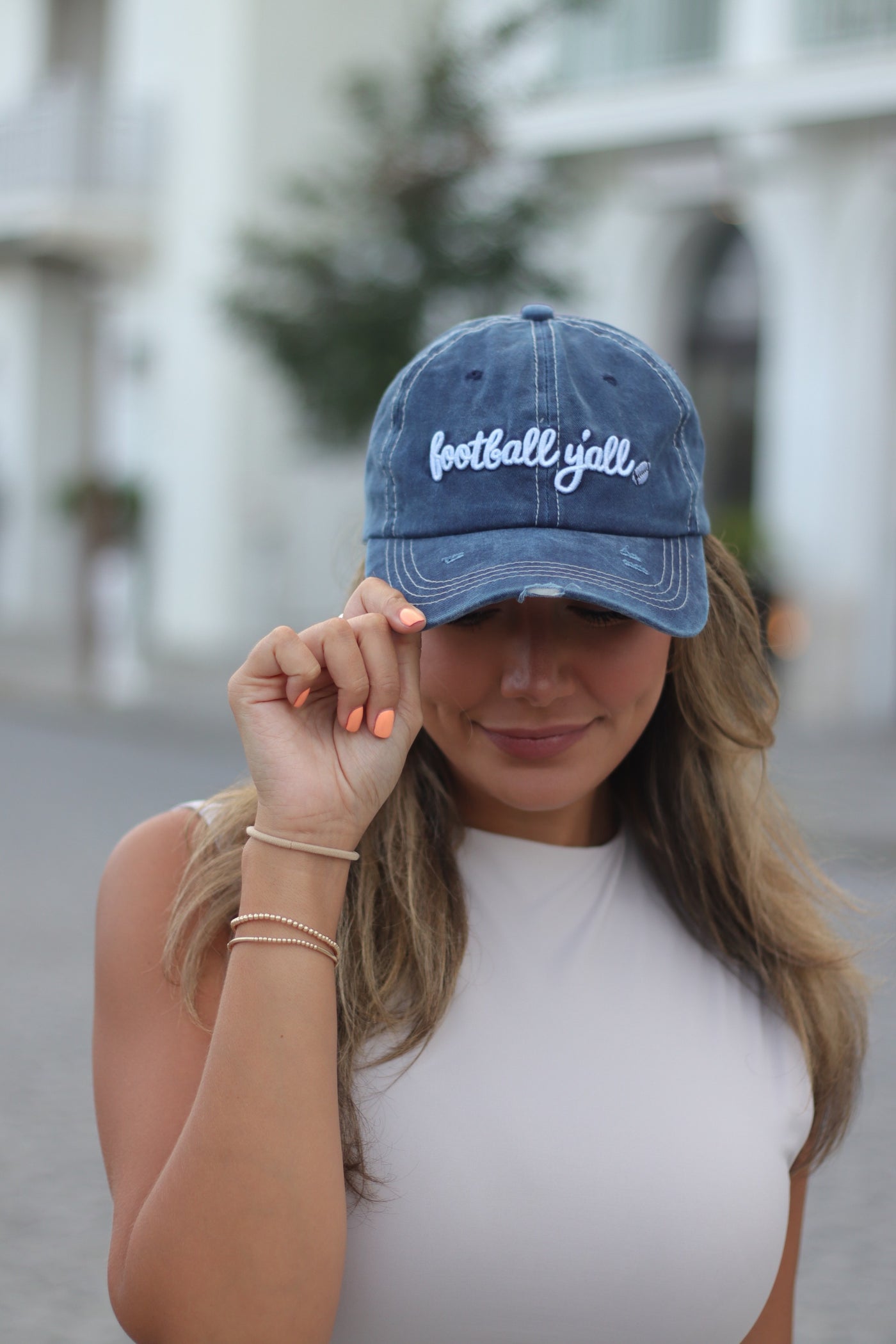 White Football Y'all Embroidery on Navy Hat