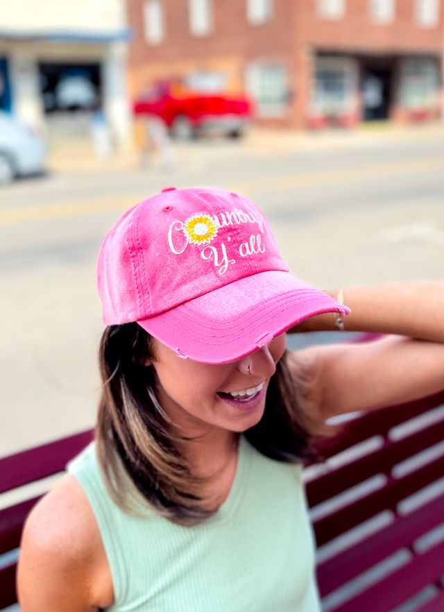 Country Y'all Embroidery on Distressed Red Hat