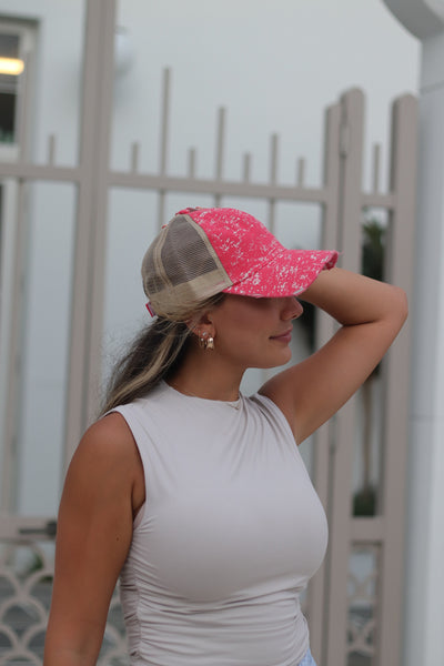Coral Spatter Hat with Beige Mesh