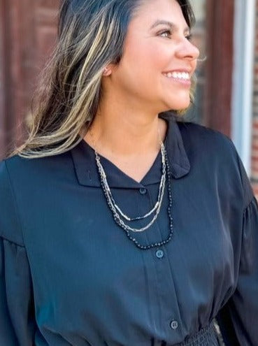 Black Crystal Layered Gold Linked Chain Necklace