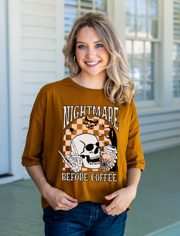 Nightmare Before Coffee Boxy Crop in Tan