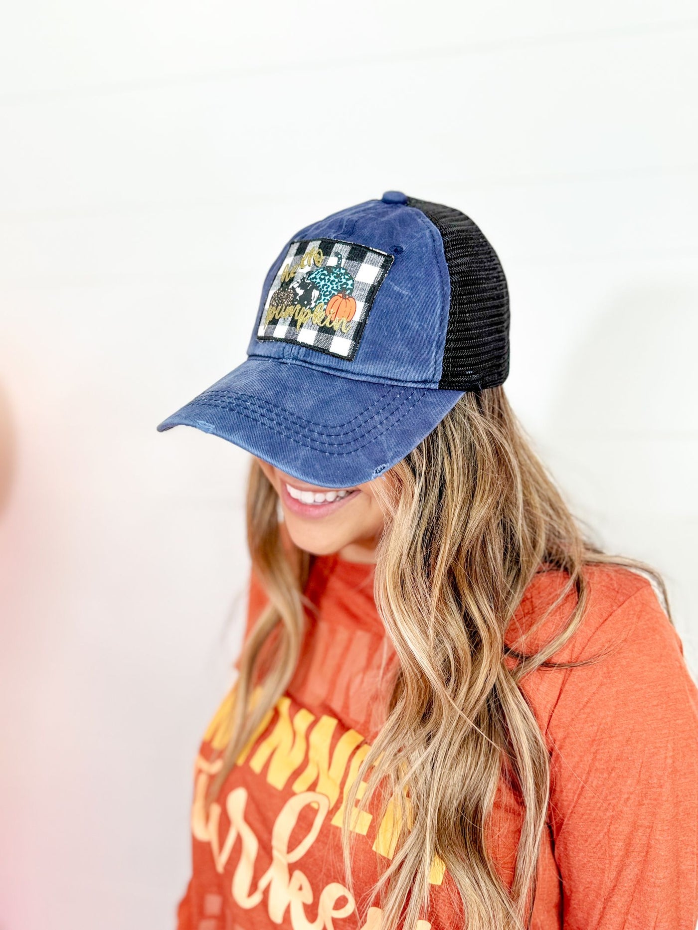 Hello Pumpkin Patch on High Ponytail Navy Hat with Black Mesh