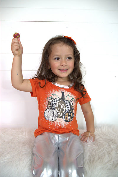 Girls' Triple Pumpkin Leopard, Cow & Orange Ringer Tee