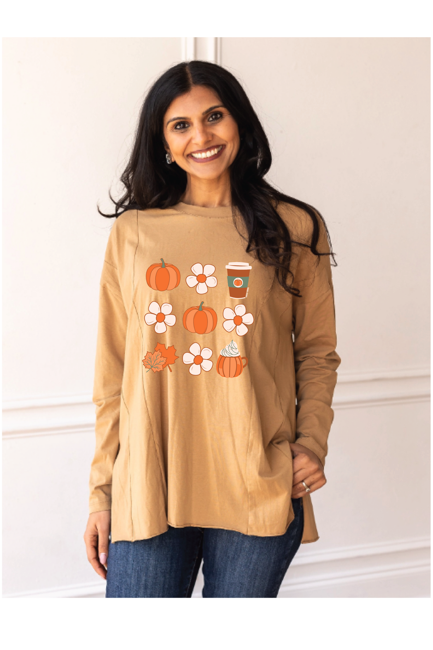 Fall Pumpkin Long-sleeved T-shirts With Side Stitching