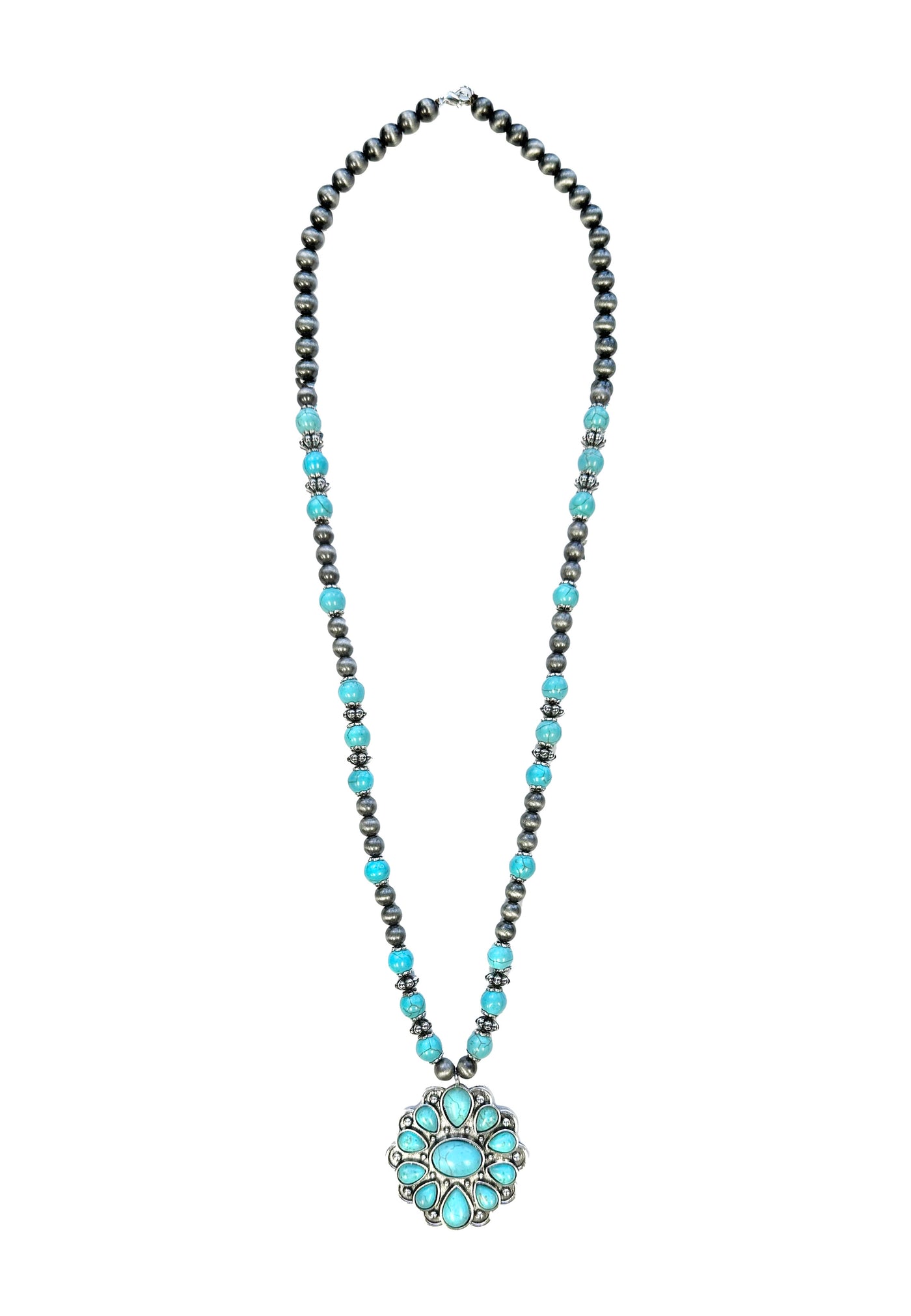 Silver and Turquoise Navajo Pearl Round Concho Pendant Necklace