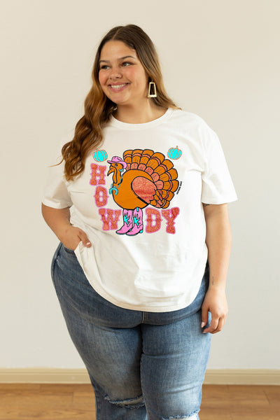 Howdy Turkey on White Blank Tee Shirt