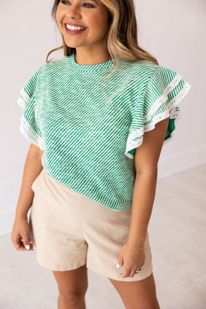 Green Knit Top Lace Trim